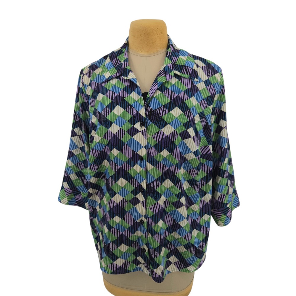 Notations Woman Geometric Button Up Blouse Top 3X Layered Casual Colorful‎ Artsy